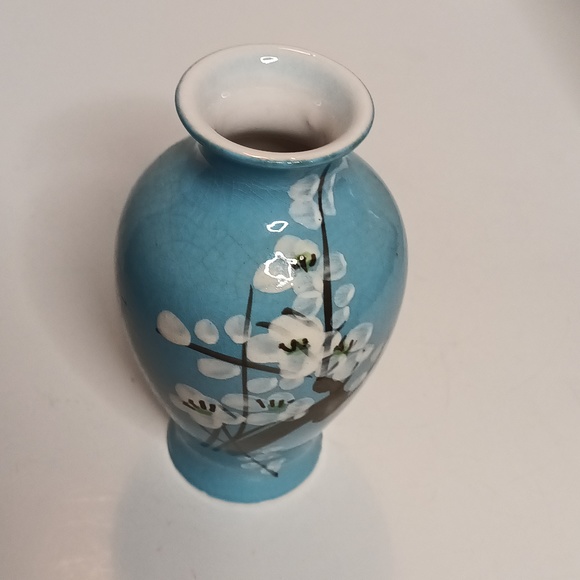Vintage Hand Painted Cherry Blossom Branch Vase 6" Blue Ceramic Bohemian - Picture 9 of 10